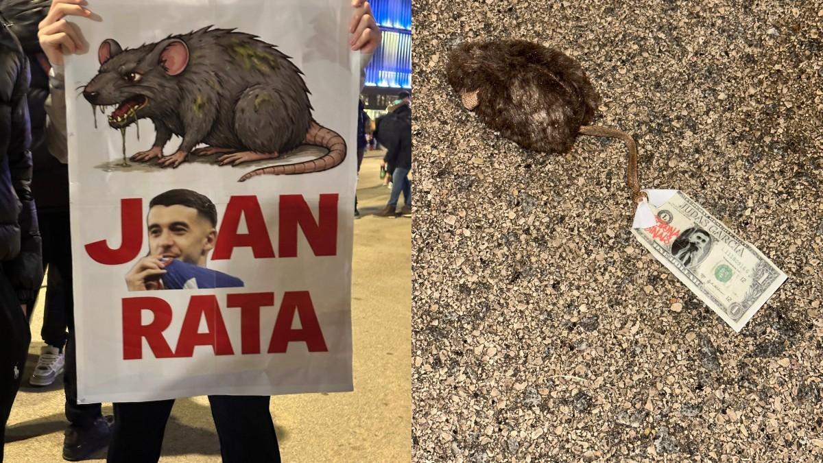 Pancartas y ratas de peluche para recibir a Joan Garcia