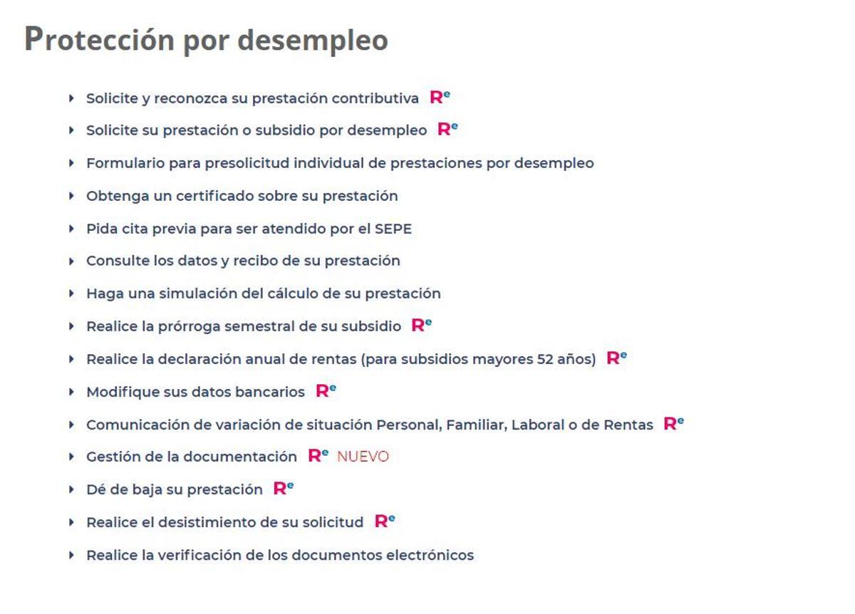 Sección de la sede electrónica del SEPE