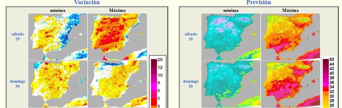 Variación y previsión de temperaturas, este fin de semana, en España.
