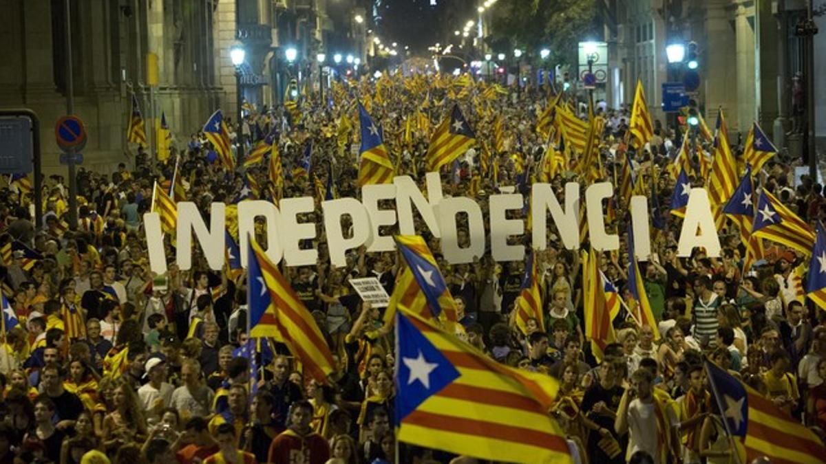 Aspecto de la manifestación del pasado 11 de septiembre a su paso por Via Laietana.