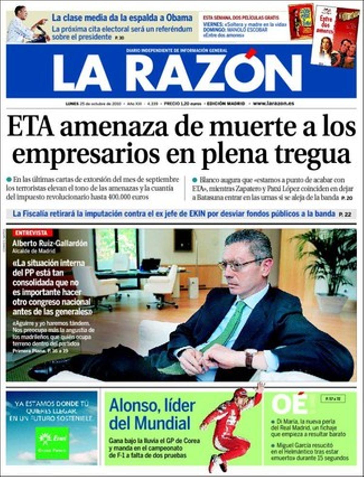 ’La Razón’ explica que la Fiscalia retirarà, previsiblement avui, l’acusació de malversació de cabals públics contra Xabier Alegría i tres acusats més del ’cas Udalbitza’, l’assemblea d’electes suposadament impulsada per ETA per burlar la il·legalització de Batasuna i seguir fent arribar diners dels ajuntaments a la banda etarra. També analitza el triomf del Tea Party --una nova manera de fer política--, i com el crim organitzat treu partit de la crisi blanquejant els seus diners bruts. 