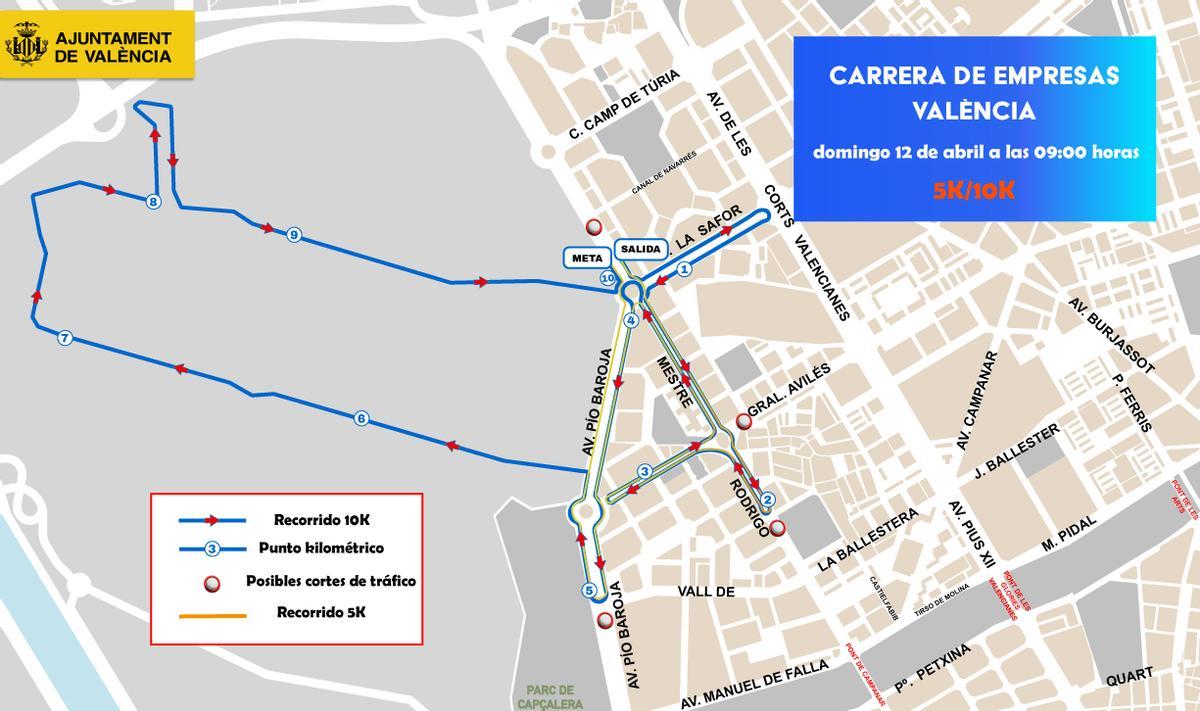 Recorrido y cortes de tráfico por la Carrera de Empresas este domingo.