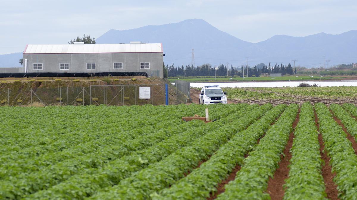 Un coche de la Guardia Civil, en una de las fincas inspeccionadas en 2019 en una operación contra las desaladoras ilegales