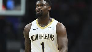 FILE - New Orleans Pelicans forward Zion Williamson (1) looks on during the first half of an NBA basketball game against the Charlotte Hornets, Saturday, Jan. 25, 2025, in Charlotte, N.C. (AP Photo/Matt Kelley, File). FILE PHOTO