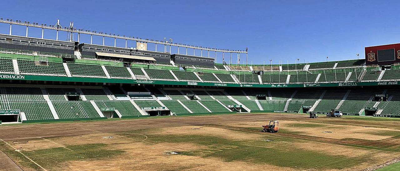 El terreno de juego del estadio Martínez Valero está siendo resembrado. | ANTONIO AMORÓS