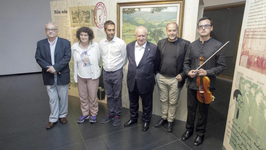 Beramendi, Sanmartín, Leal, Alonso Montero, Barro e Heredia (esq. a der.) onte na inauguración. Abaixo, Vilar Ponte por Mariano Miguel. // M. Canosa