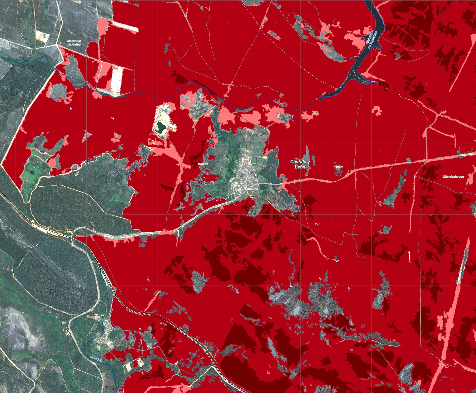 Imagen satelital de Boya, rodeada por el incendio.