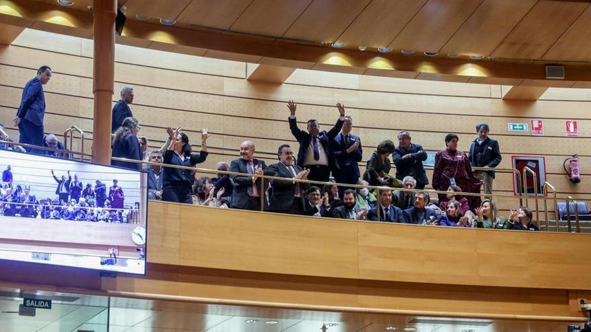 Personas aplauden desde la tribuna de invitados en el pleno del Congreso que debate la toma en consideración de la iniciativa impulsada por el PP y el PSOE para reformar el artículo 49 de la Constitución y eliminar el término &quot;disminuidos&quot;.