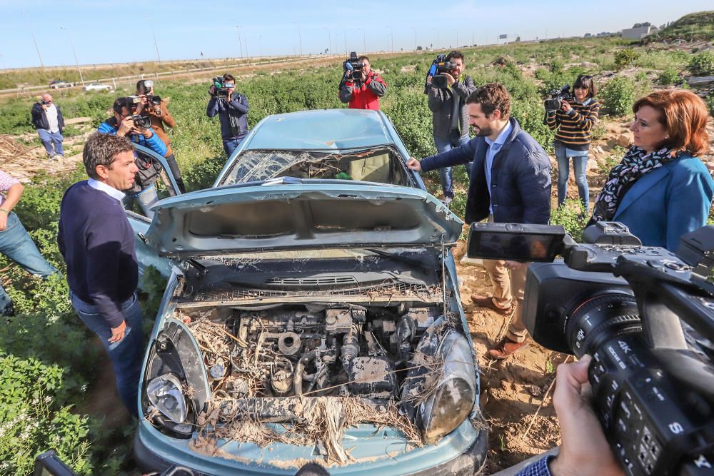 El presidente del PP, Pablo Casado, visita la zona de Almoradí en la que se rompió la mota del Segura