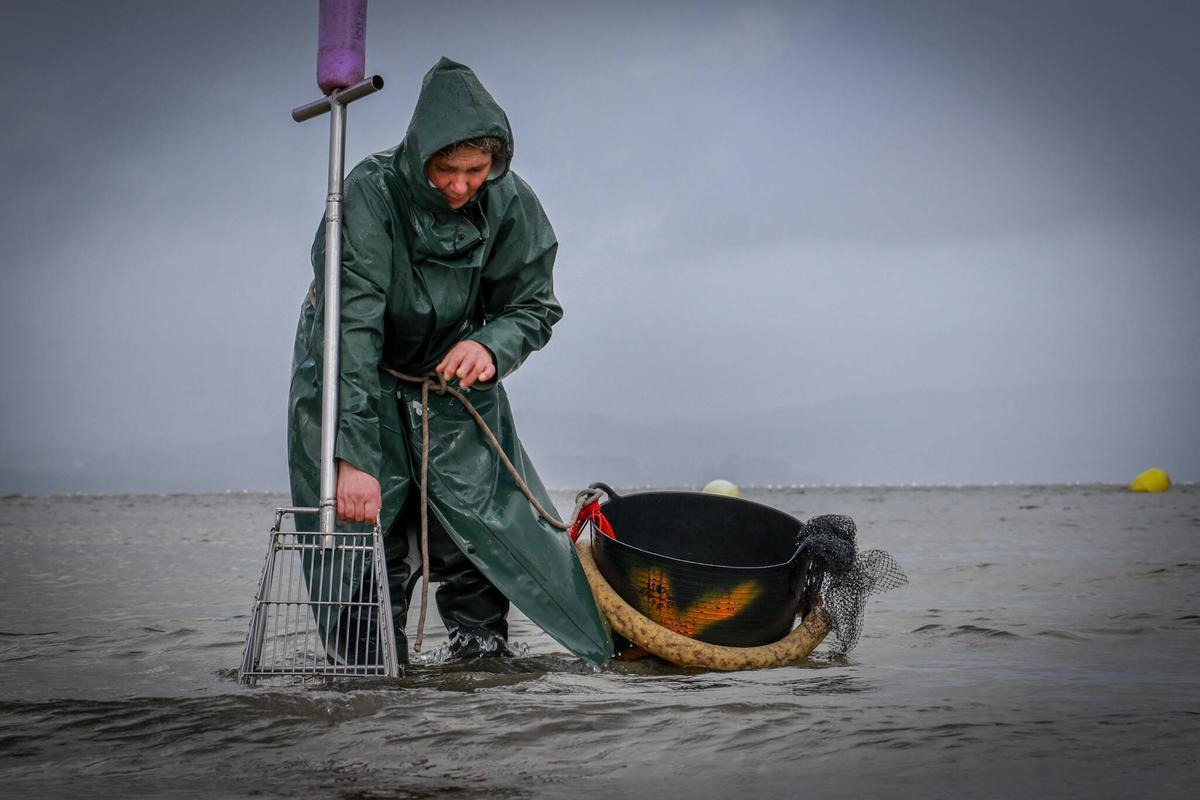 Una mariscadora de pie en plena actividad.