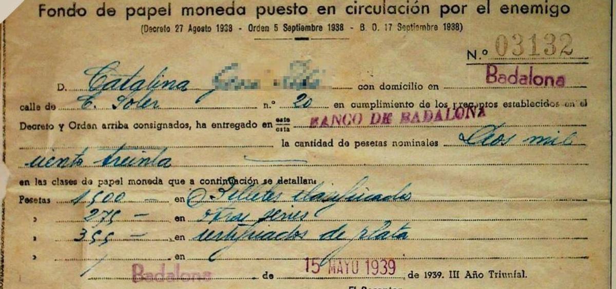 Un exemplar del rebut que el banc entregava amb els diners confiscats pel franquisme.