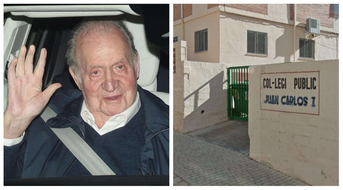 El rey emérito, junto a una foto de archivo del colegio Juan Carlos I de Almenara.