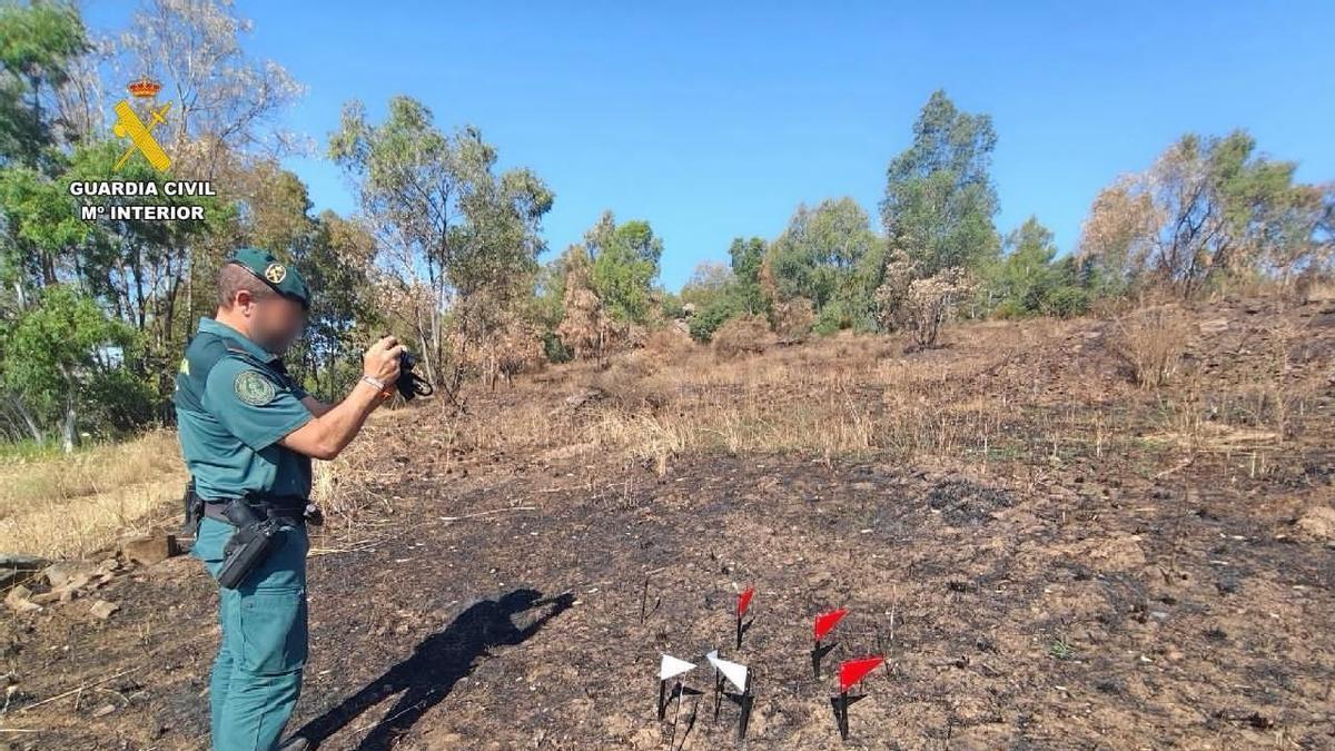 Un guardia civil recabando pruebas de un incendio foresta.