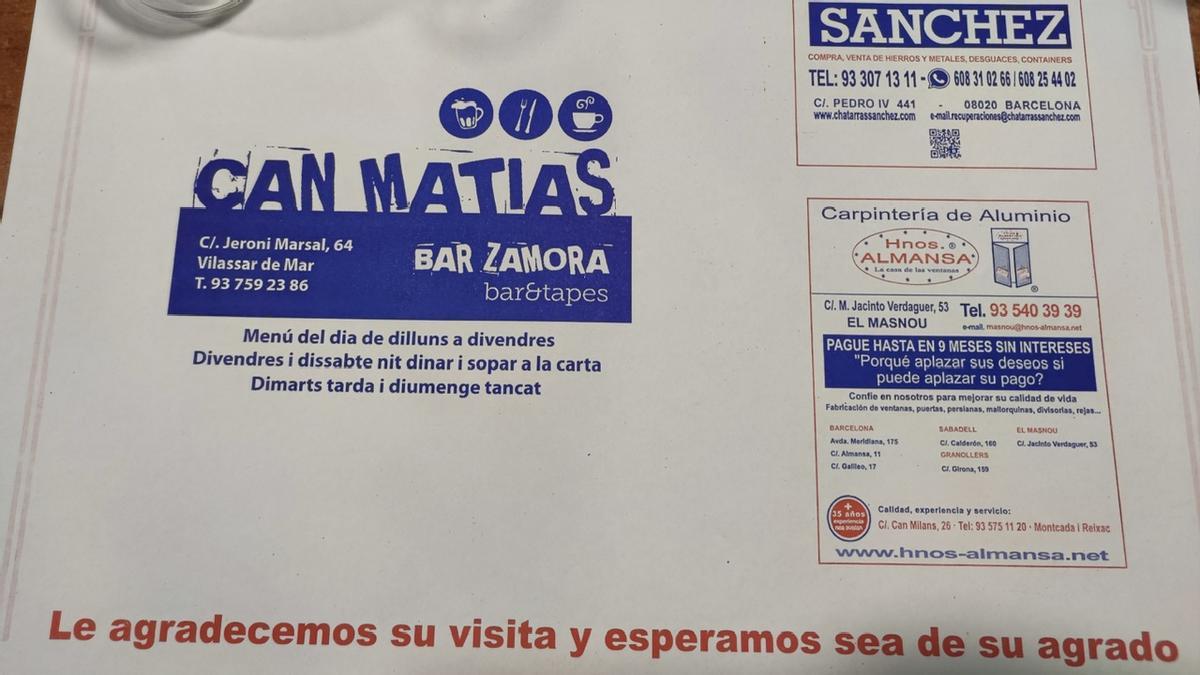 Salvamanteles del restaurante Can Matías-Bar Zamora.