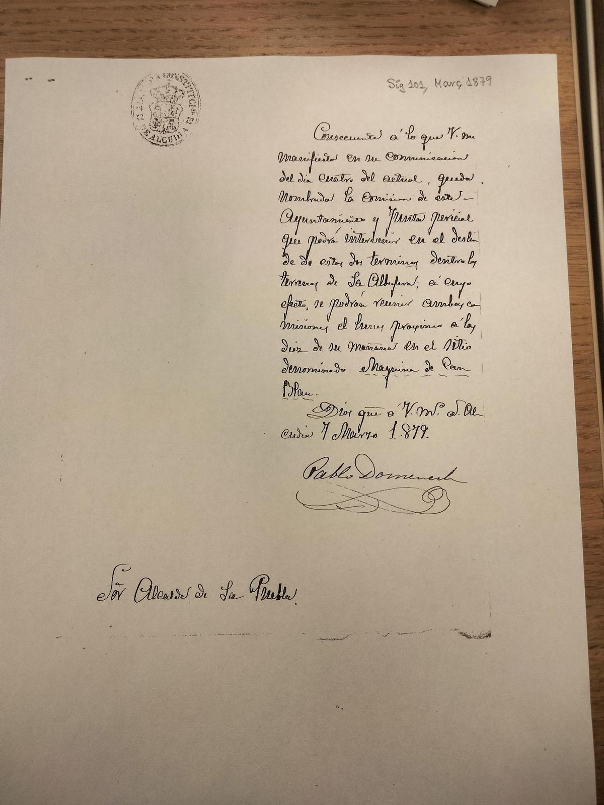 Documento de convocatoria de la reunión en la que sa Pobla renunció a su franja costera.