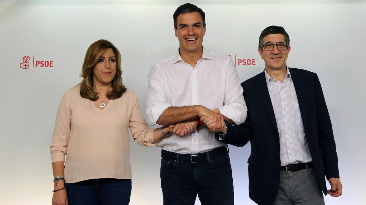 La última imagen de Pedro Sánchez y Susana Díaz juntos, junto a Patxi López, tras conocerse el resultado de las primarias.