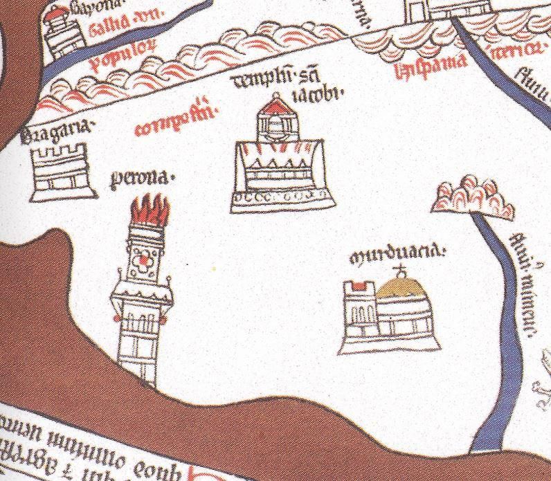 Mapa de Hereford, con los topónimos “compostrinia” y “templum sancti iacobi”.