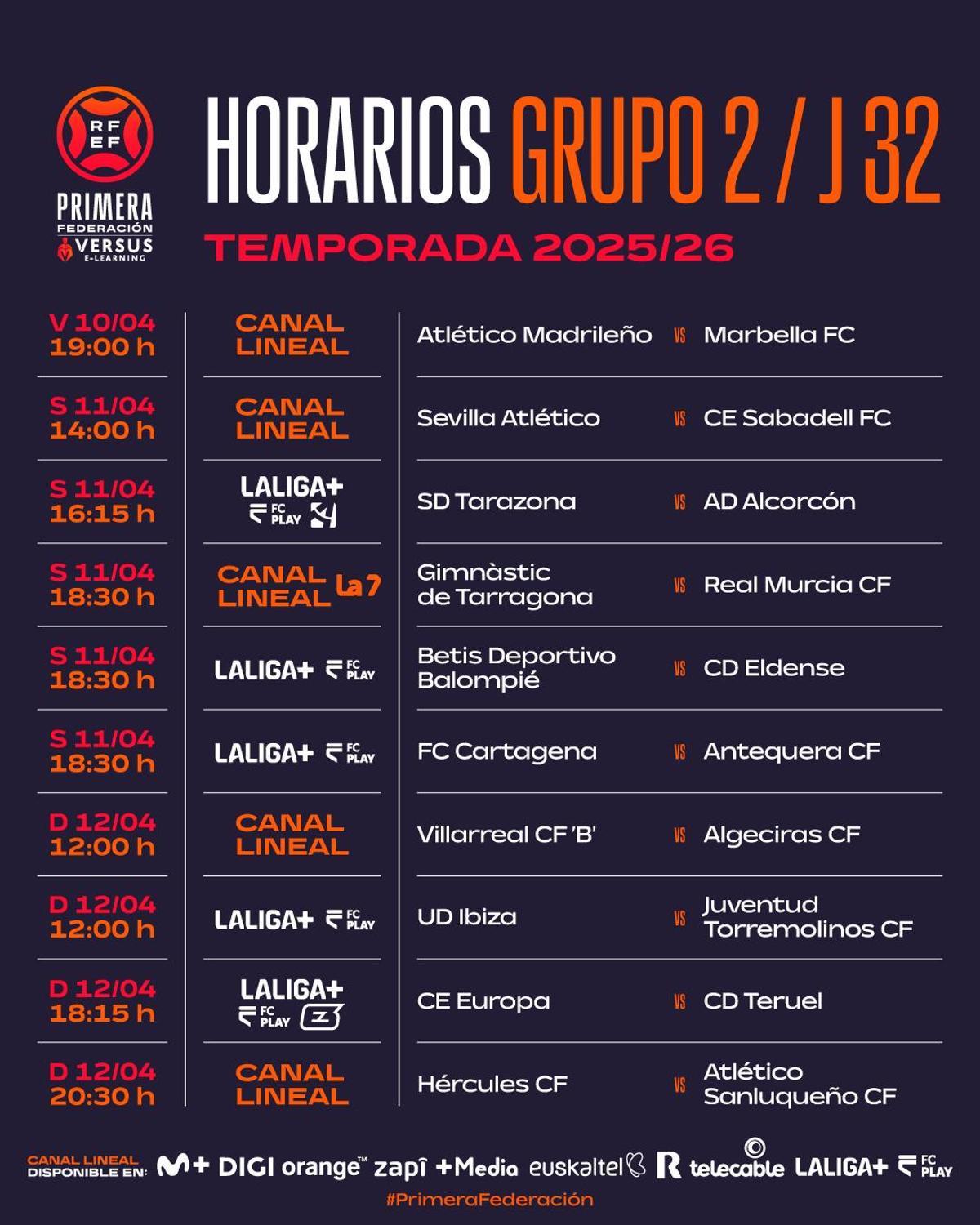 Horarios y Televisión de los partidos de la jornada 32 en el grupo 2 de Primera Federación.