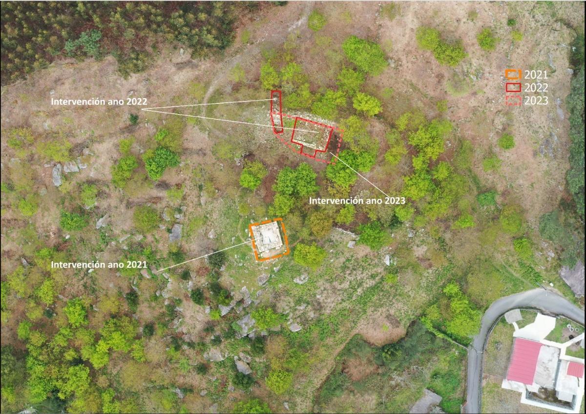 Imagen aérea de la Torre y patio de armas de Meira, con las fechas de las excavaciones.