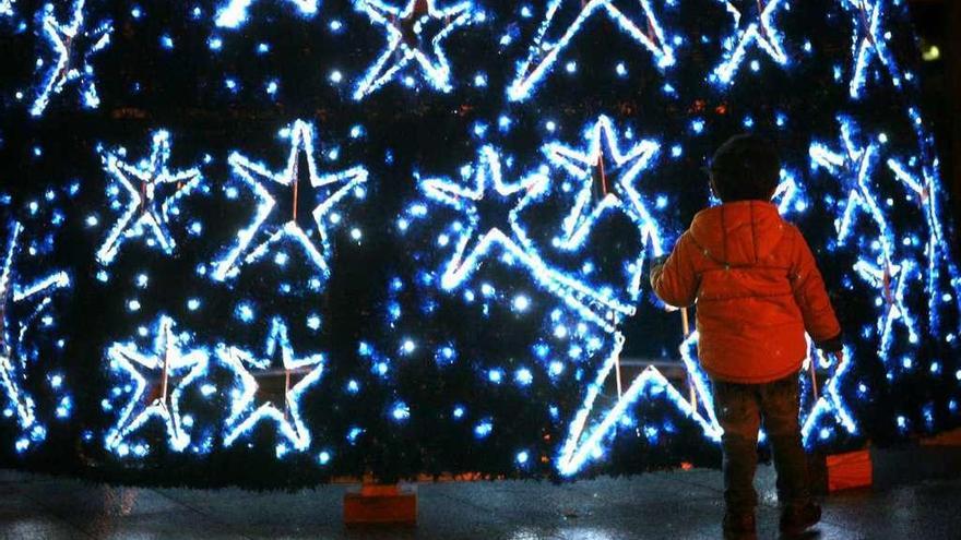 Un niño observa las estrellas decorativas de un árbol de Navidad. // Bernabé/Luismy