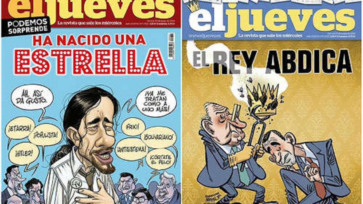 La portada censurada de 'El Jueves' sobre la abdicación de El Rey (derecha) y la de Pablo Iglesias por la que ha sido sustituida en los quioscos.