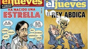 La portada censurada de ’El Jueves’ sobre la abdicación de El Rey (derecha) y la de Pablo Iglesias por la que ha sido sustituida en los quioscos.