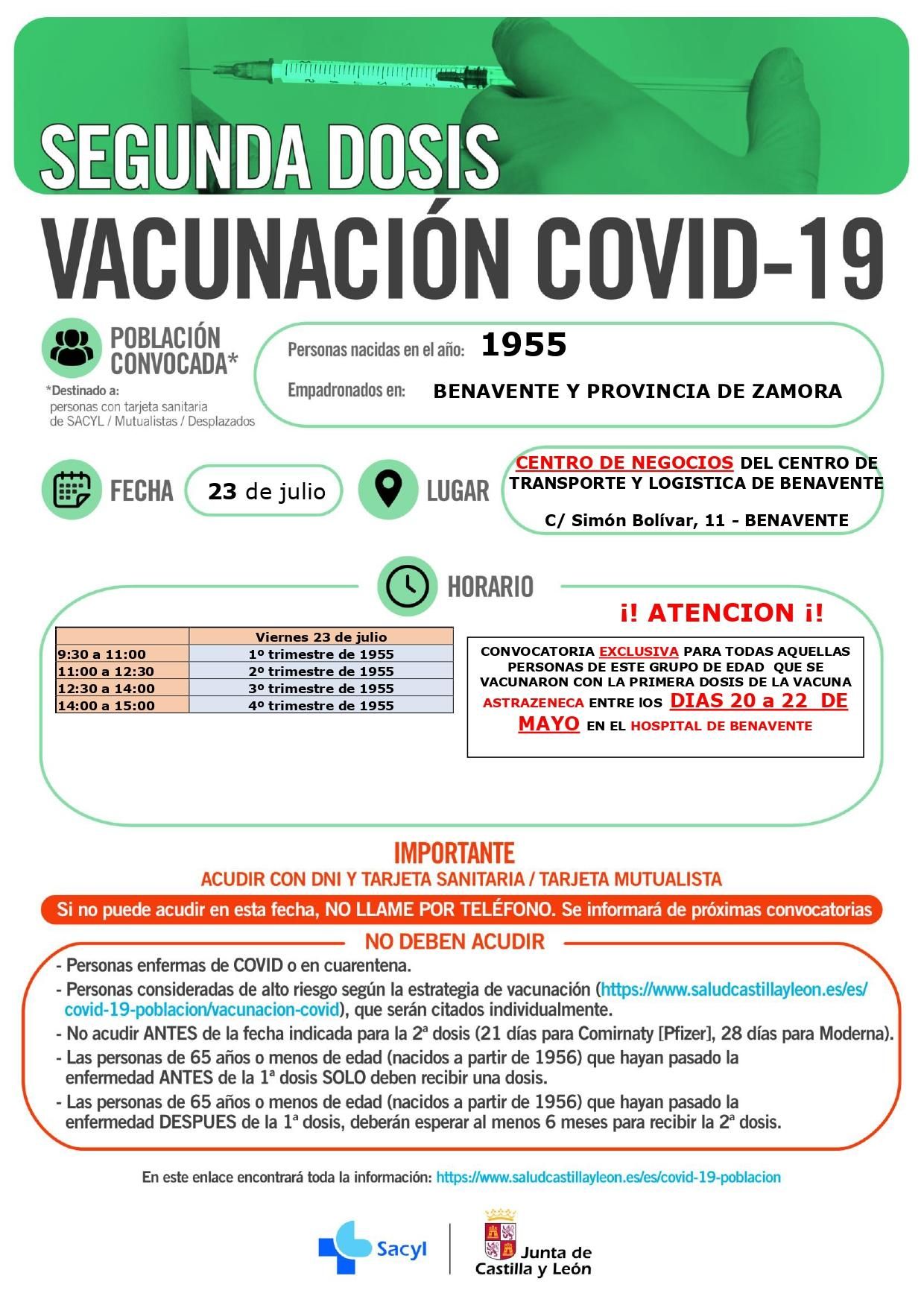 Segundas dosis para los nacidos en 1955 en Benavente.