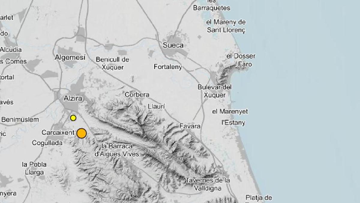 Situación de los seismos registrados hoy en la Ribera Alta