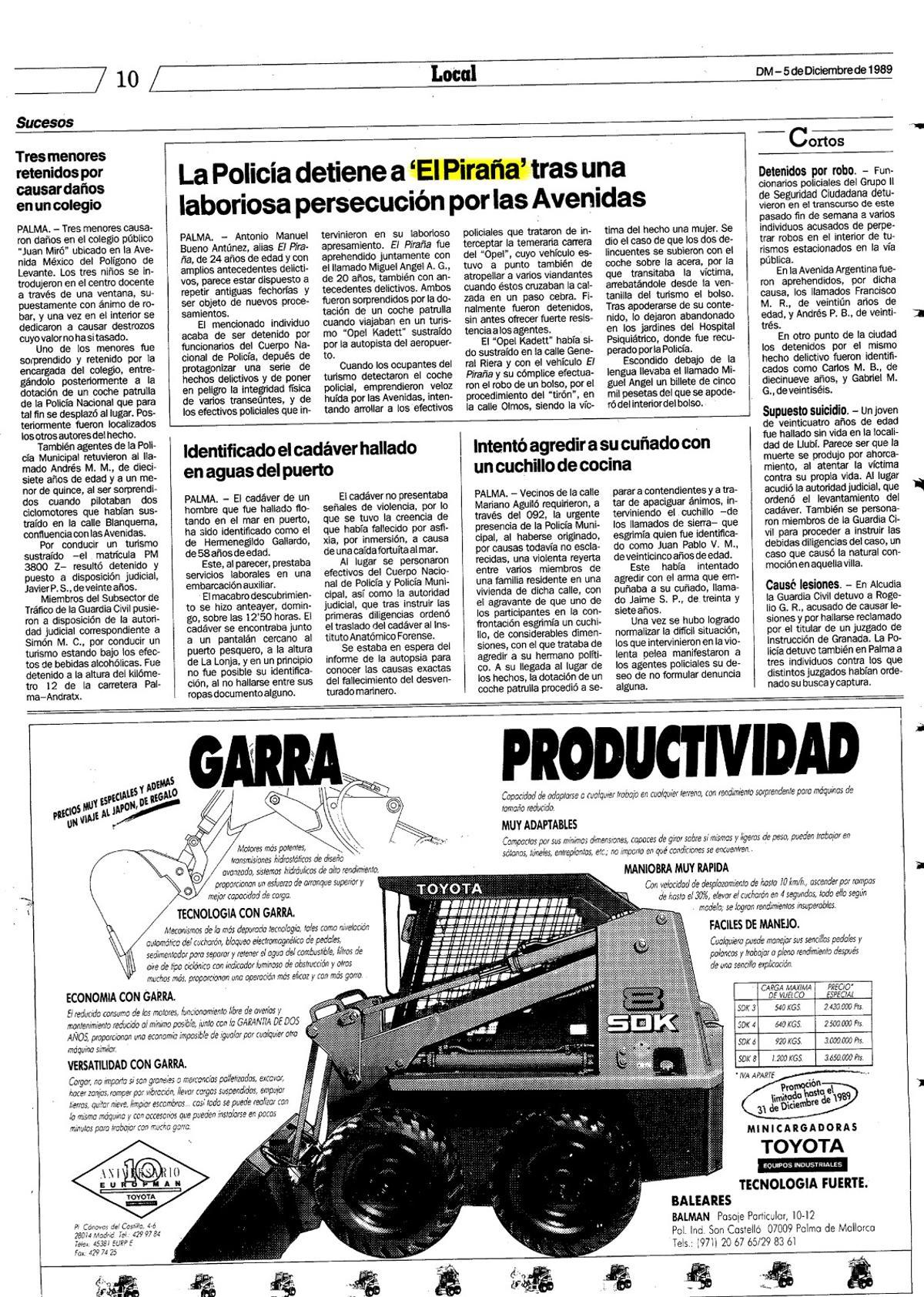Noticia publicada en Diario de Mallorca el 5 de diciembre de 1989 sobre uno de los arrestos de 'El Piraña'.