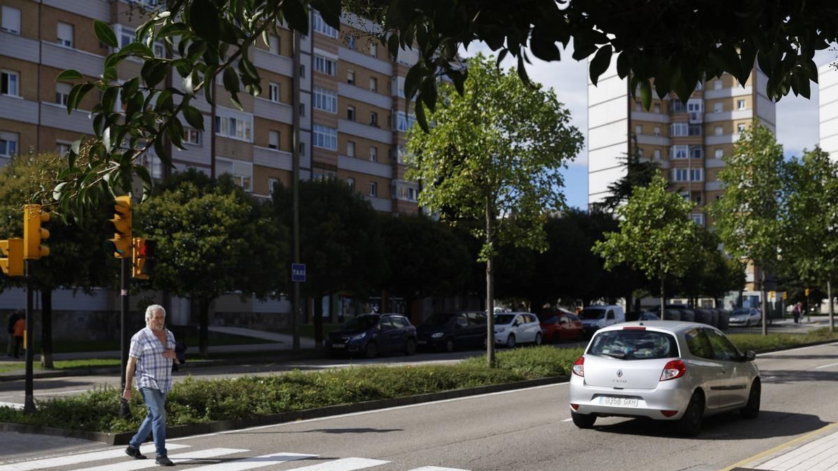 Un hombre cruza por un paso de peatones en la avenida de Gaspar Garcia Laviana.