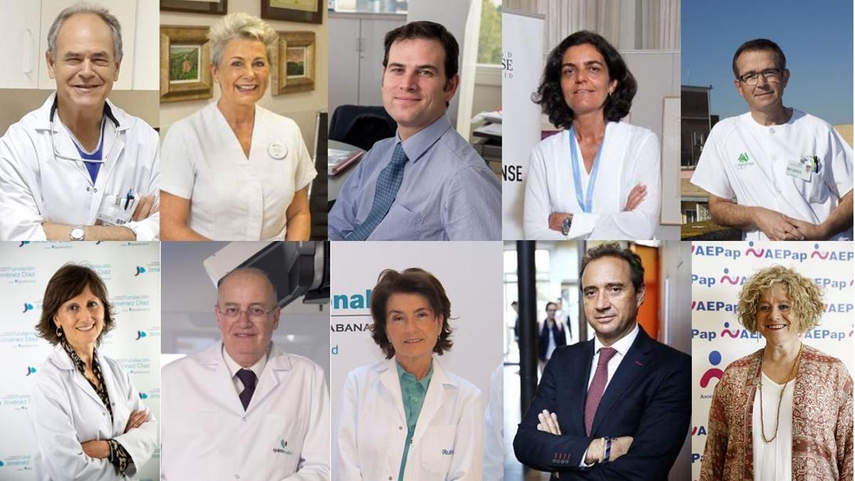 De izquierda a derecha y de arriba abajo, Dr. García-Olmo, Dra. Bayés, Dr Ibáñez, Dra. Sánchez Ramón, Dr. Gómez, Dra. Llamas, Dr. Miralbell, Dra. Monereo, Dr. Arroyo, y Dra. Sánchez Pina.