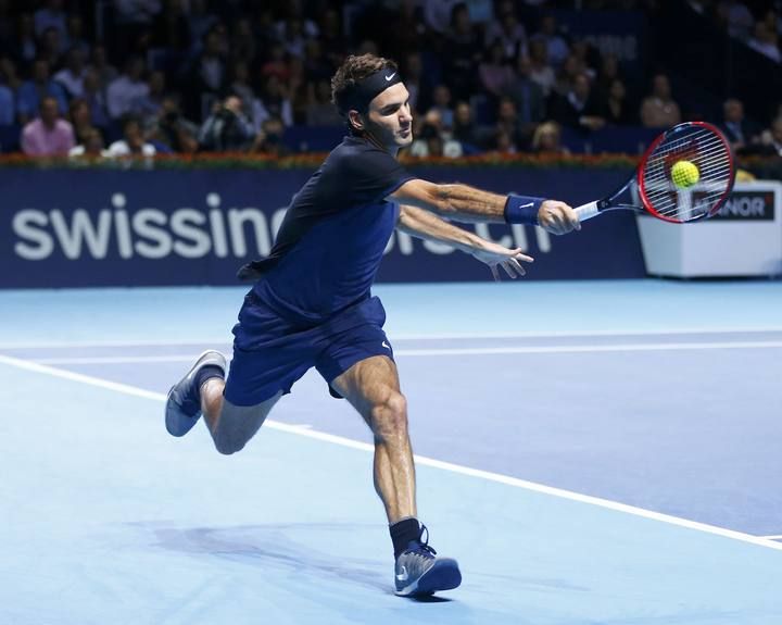 Switzerland's Federer returns a ball to Nadal of Spain during their match at the Swiss Indoors ATP men's tennis tournament in Basel