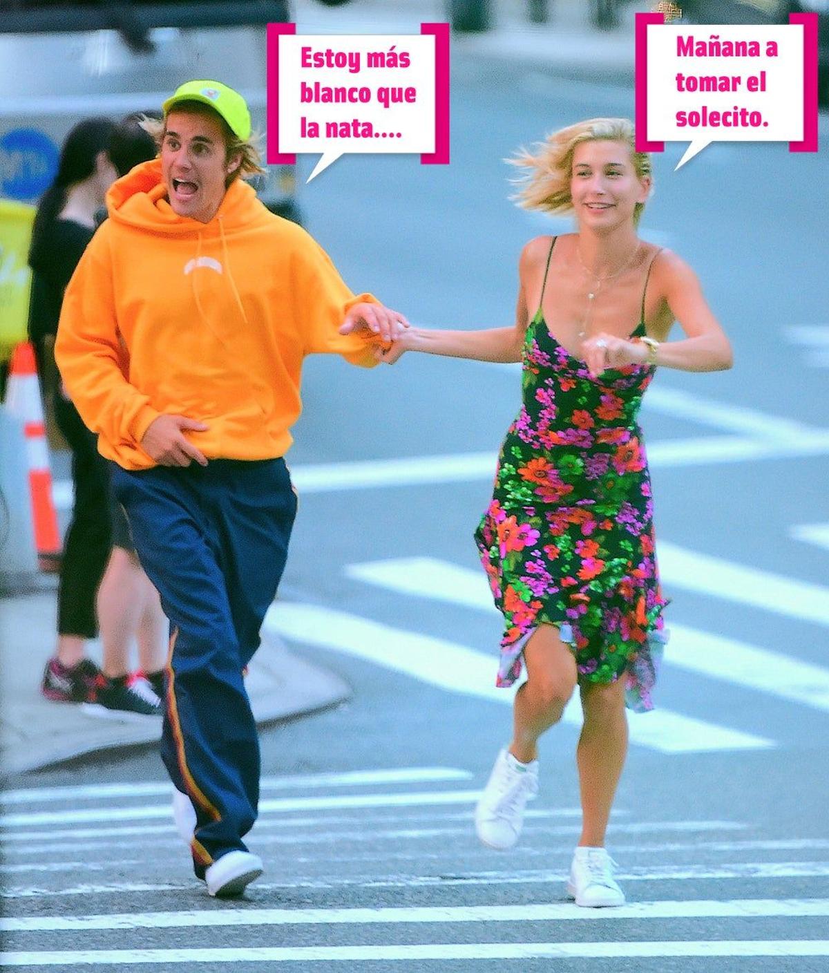 Justin Bieber y Hailey Baldwin cruzan un paso de cebra corriendo el día anterior