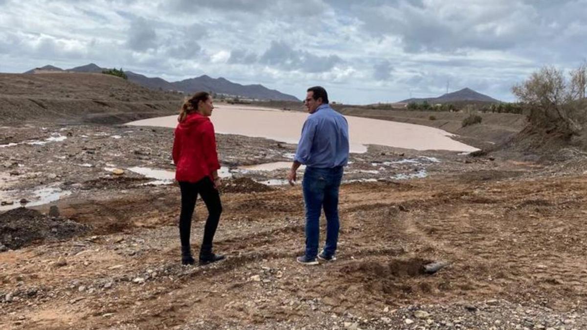 Lola García y David de Vera, consejeros del Cabildo, visitando una presa. A la derecha, Ñito Betancor, en su finca de Tuineje. | | LP/DLP