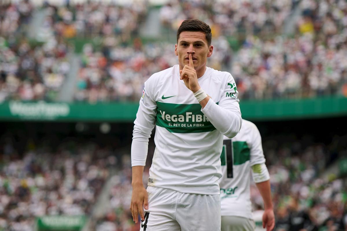 Lucas Cepeda of Elche CF celebrates after scoring his team's first goal during the Spanish League, LaLiga EA Sports, football match played between Elche CF and Valencia CF at Estadio Manuel Martinez Valero on April 11, 2026 in Elche, Alicante, Spain. AFP7 11/04/2026 ONLY FOR USE IN SPAIN. Francisco Macia / AFP7 / Europa Press;2026;SPAIN;SPORT;ZSPORT;SOCCER;ZSOCCER;Elche CF v Valencia CF - LaLiga EA Sports