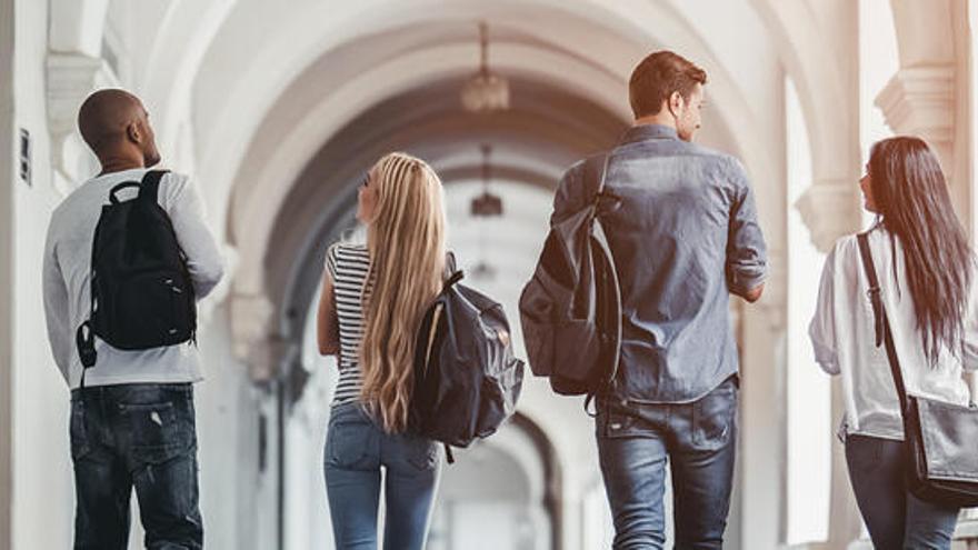 Varios alumnos caminan por los pasillos de una universidad.