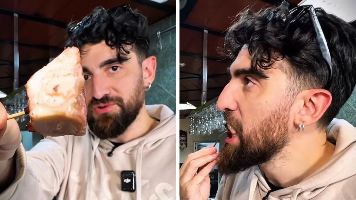 El influencer @detapasconrufo prueba el pulpo a la murciana en el bar Candilejas.