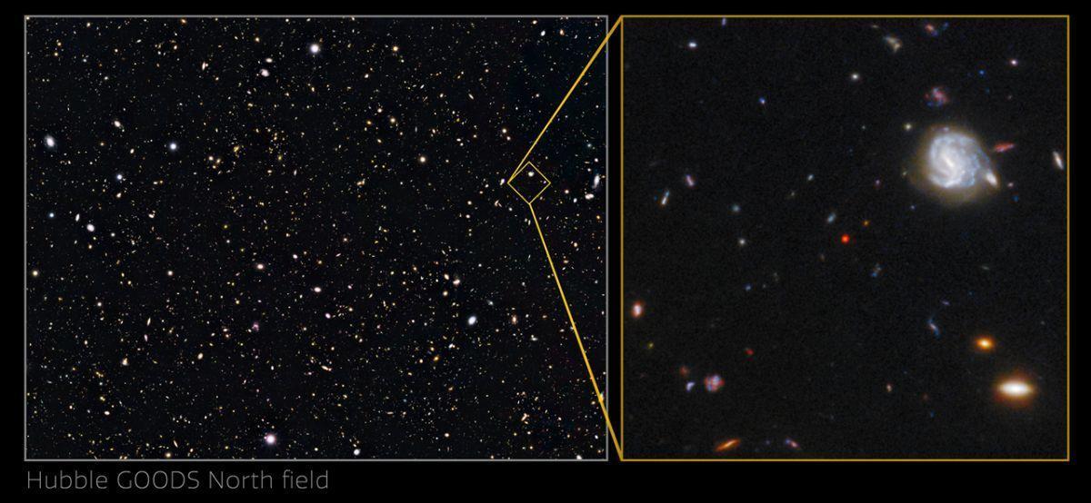 El agujero negro en formación GNz7q se observa aquí como el punto rojo en el centro de la imagen.