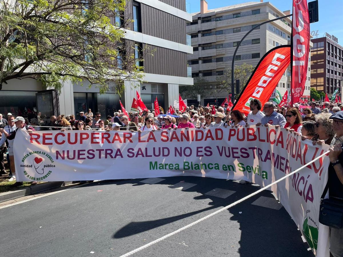 Cabecera de la manifestación con el lema "nuestra salud no es vuestra mercancía".