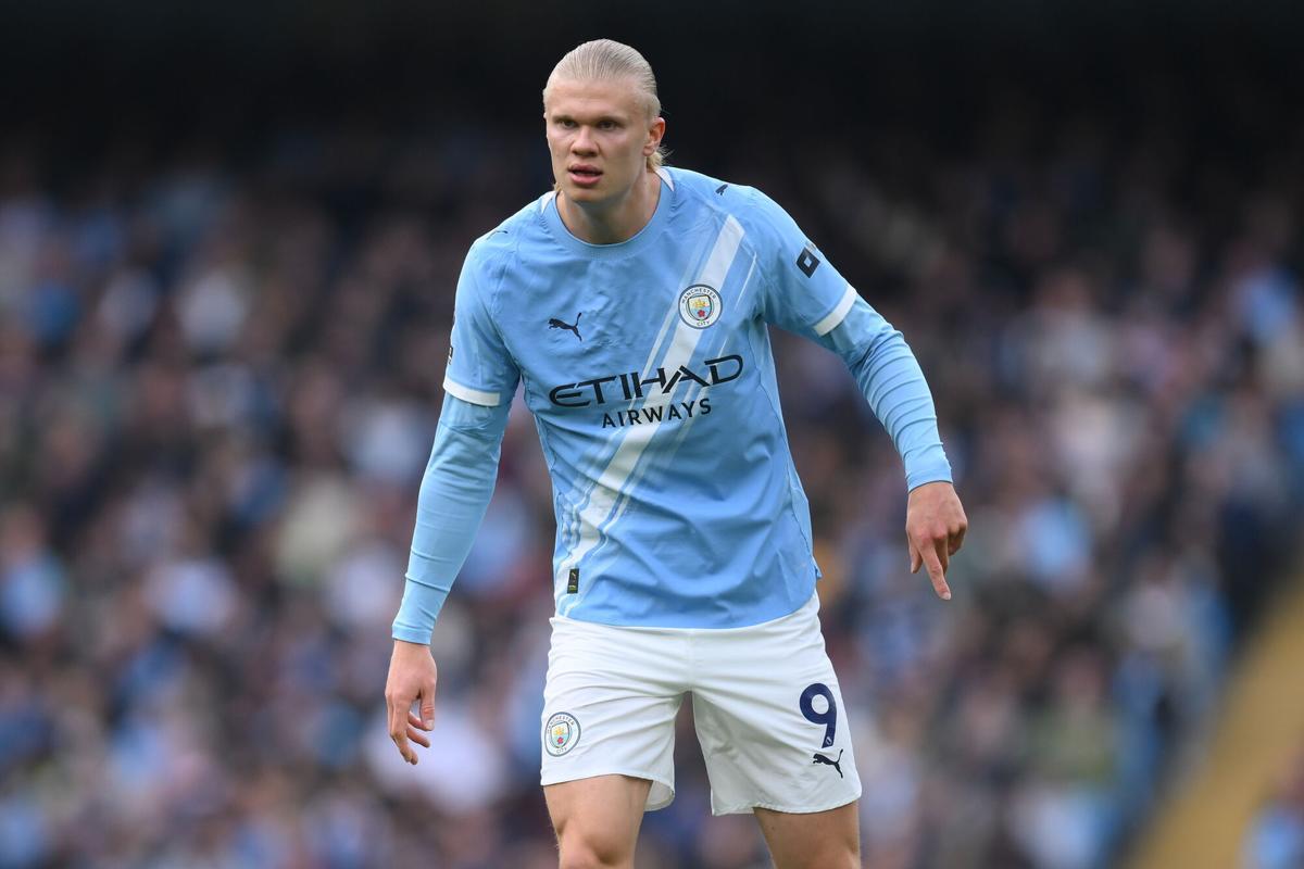 MANCHESTER (United Kingdom), 09/05/2026.- Erling Haaland of Manchester City in action during the English Premier League match between Manchester City and Brentford FC, in Manchester, Britain, 09 May 2026. (Reino Unido) EFE/EPA/GARY OAKLEY EDITORIAL USE ONLY. No use with unauthorized audio, video, data, fixture lists, club/league logos, 'live' services or NFTs. Online in-match use limited to 120 images, no video emulation. No use in betting, games or single club/league/player publications