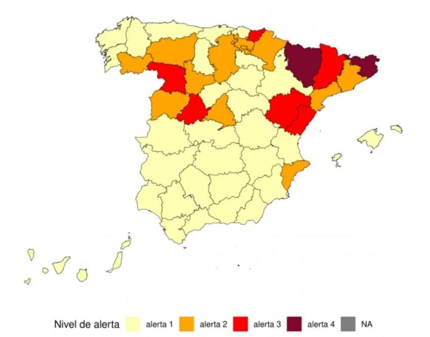 Mapa con los niveles de riesgo por provincias.