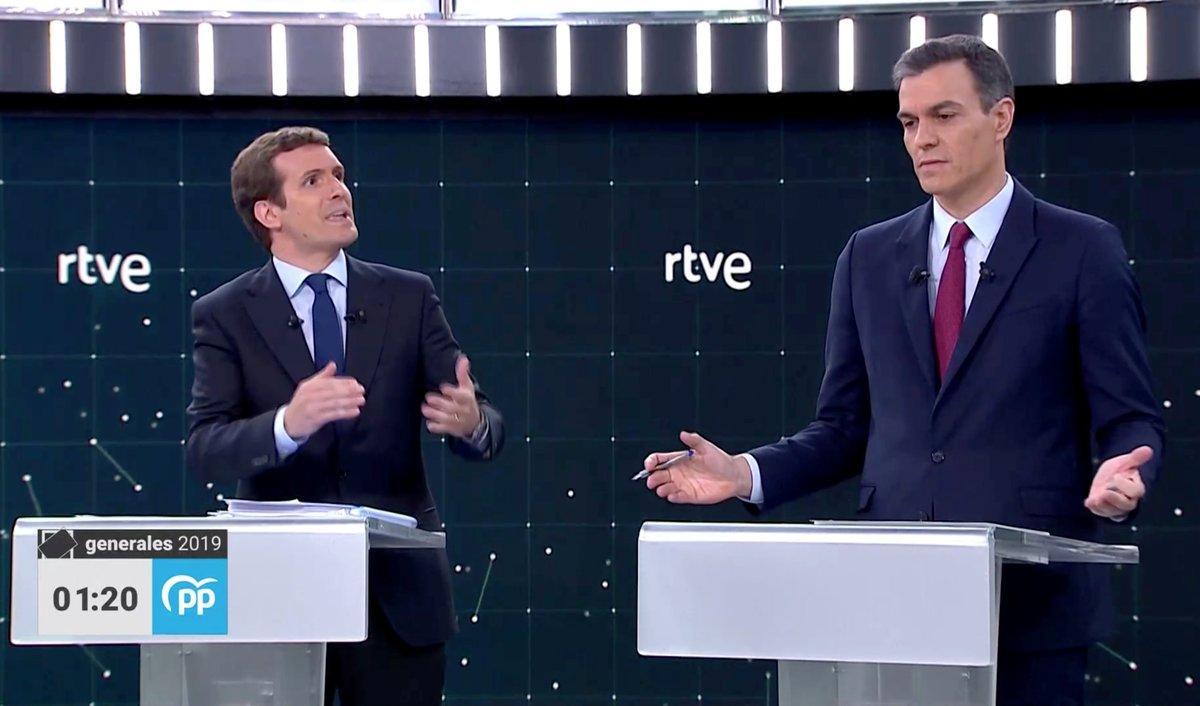 Candidates for Spanish general elections People s Party  PP  Pablo Casado and Prime Minister and Socialist Workers  Party  PSOE  Pedro Sanchez attend a televised debate ahead of general elections in Pozuelo de Alarcon  outside Madrid  Spain  April 22  2019  TVE via REUTERS