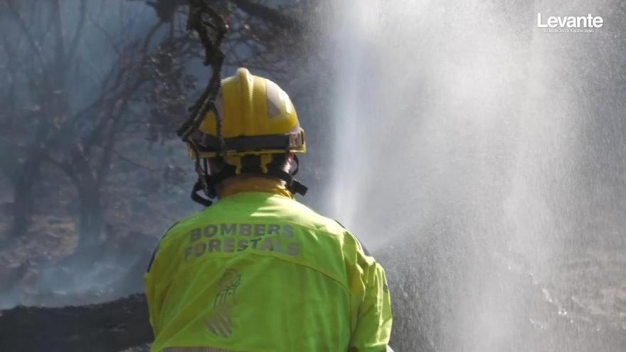 Los bomberos forestales de la Generalitat , en las labores de extinción del incendio de Soneja