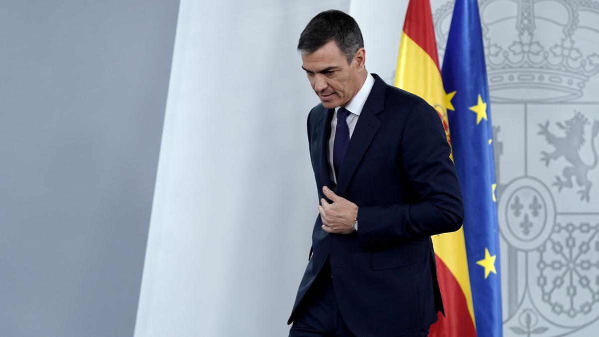 El presidente del Gobierno, Pedro Sánchez, tras su comparecencia este lunes en Moncloa posterior al Consejo de Ministros.