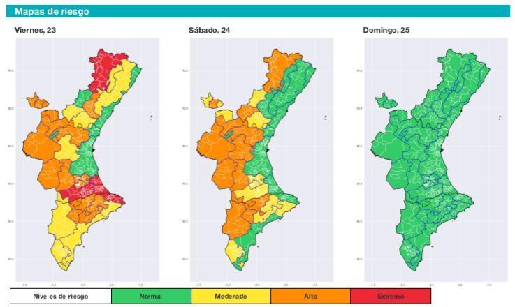 Niveles de riesgo por temperaturas en la Comunidad Valenciana según la Conselleria de Sanidad y Salud Pública