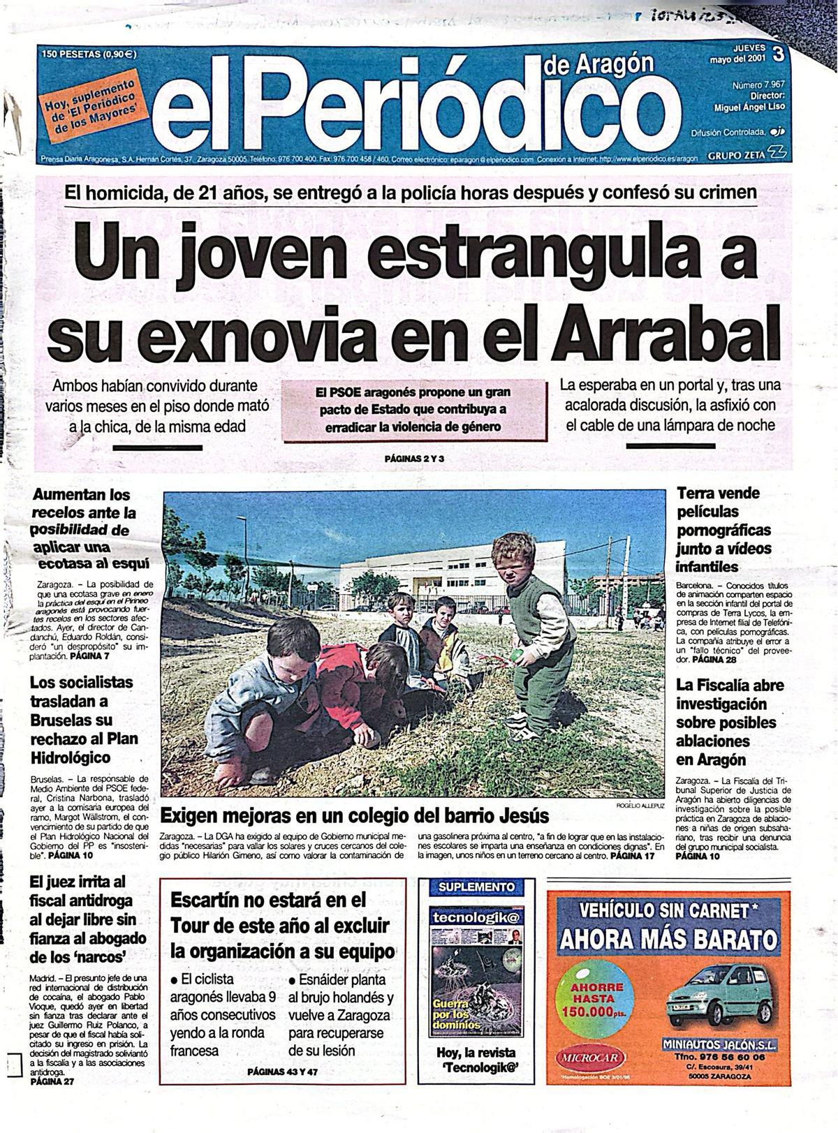 Portada de 'El Periódico de Aragón' del 3 de mayo de 2001, un día después de que José Peñuela Navarrete asesinara a Natalia Velasco en el barrio del Arrabal.