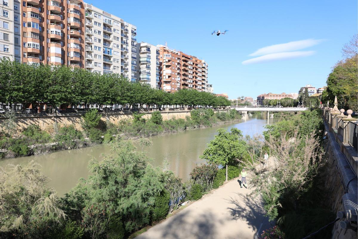 Un dron antimosquitos sobrevuela el río Segura.