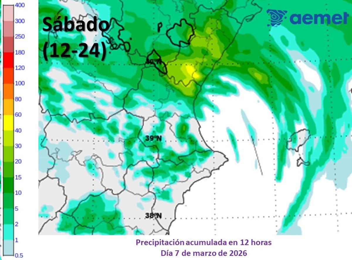 Cantidad de lluvia estimada para mañana sábado en la Comunitat Valenciana según la Aemet.