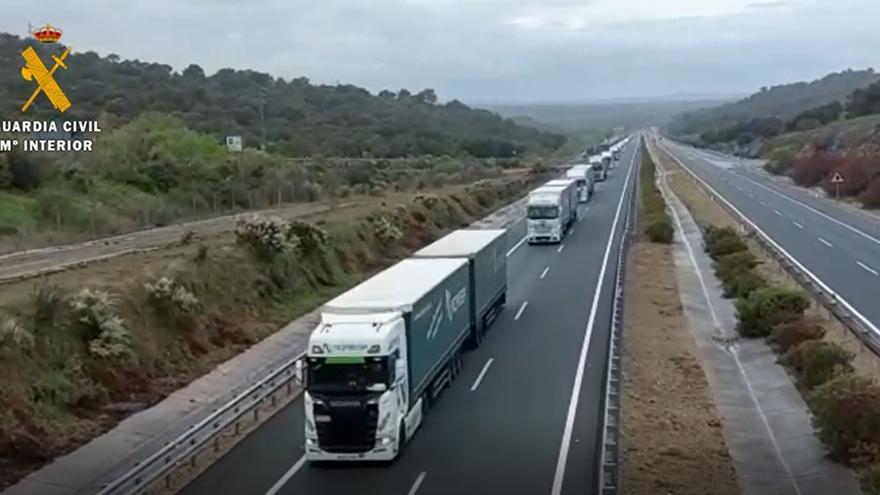 La Guardia Civil escolta un convoy de 23 camiones, en la A-66, termino municipal de Oliva de Plasencia, sentido Gijón