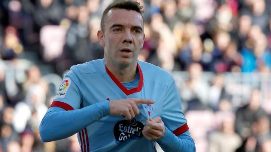 Aspas celebra su gol en el Camp Nou.